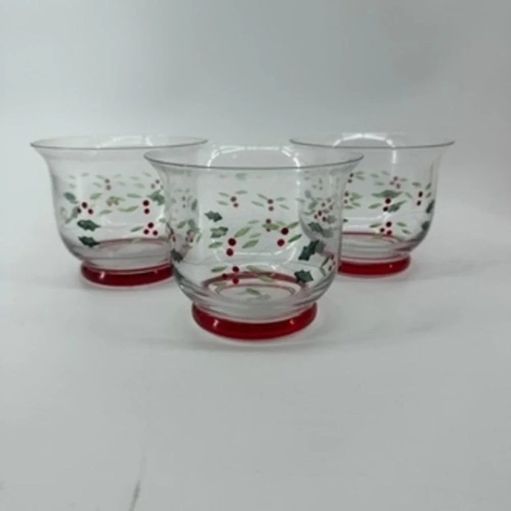 Pfaltzgraff Winterberry Glass Votive Candle Holders Set of 3 Red Footed‎ Holly